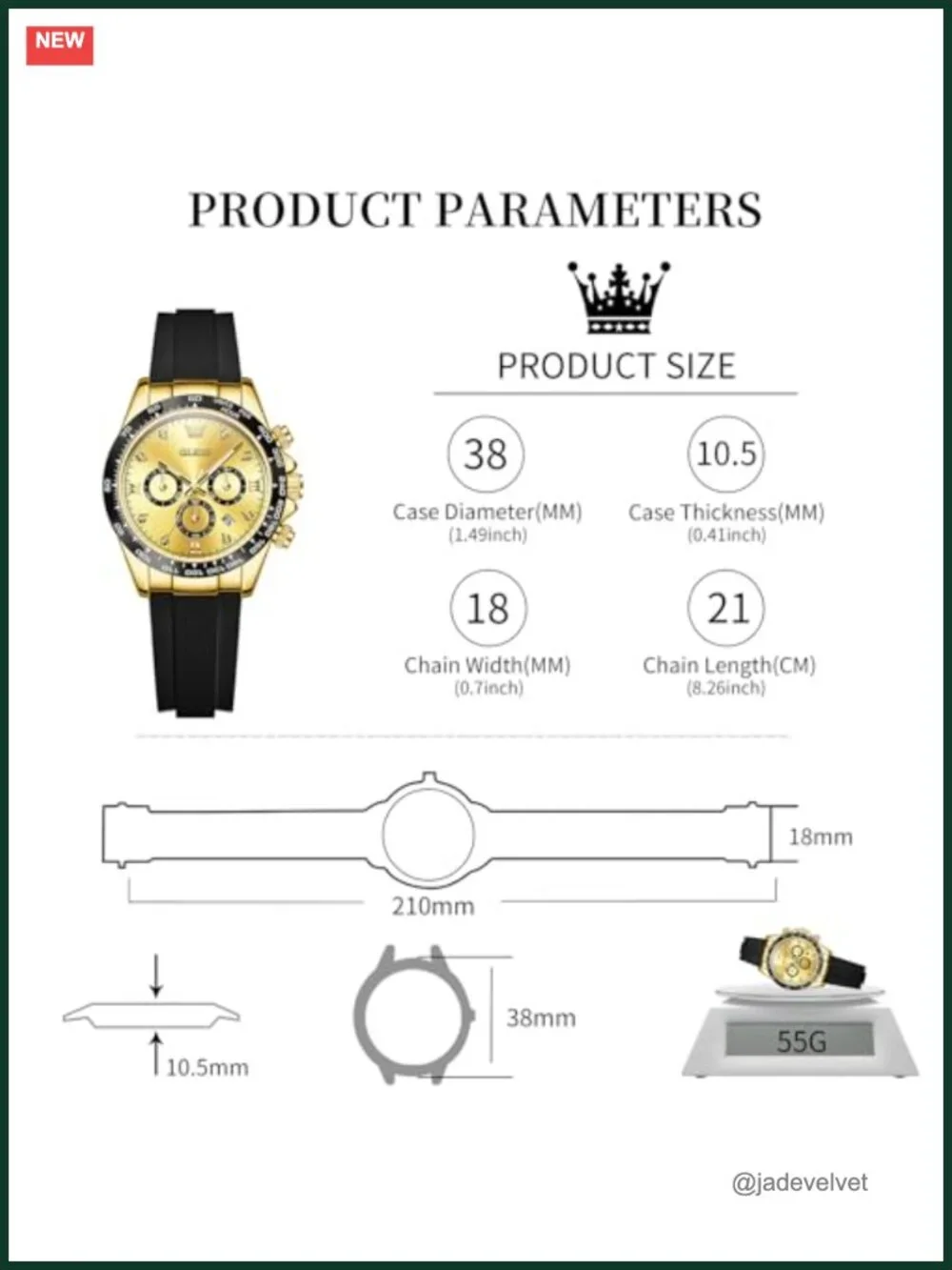 Women's 38mm Silicone Strap Chronograph Watch, Luminous Dial, 30M Waterproof,